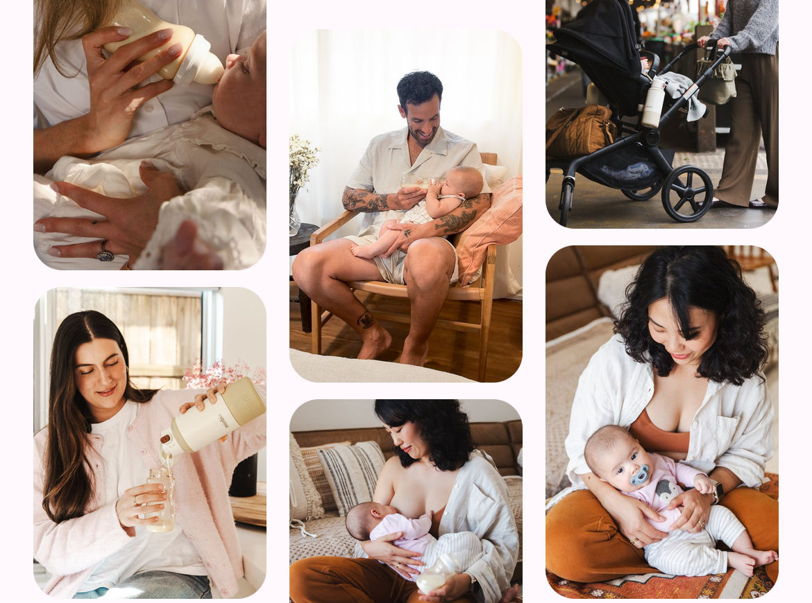 Parents feeding their babies with Minbie bottles, a breast pump, warmer and dummies